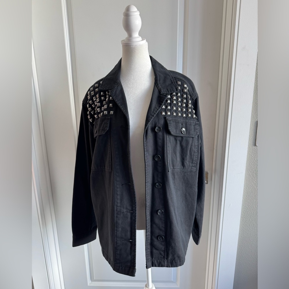 Stone Row Studded Oversized Black Denim Womens Jacket Studded Details Size Large